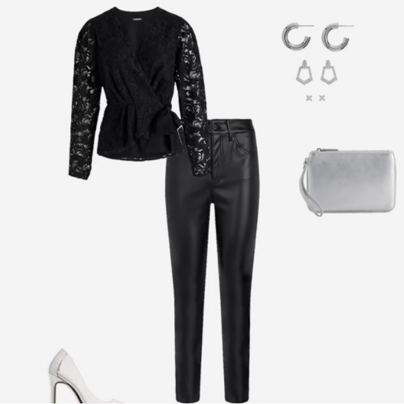 Express Lace V-Neck Long Sleeve Tie Waist Peplum Top - Picture 5 of 16